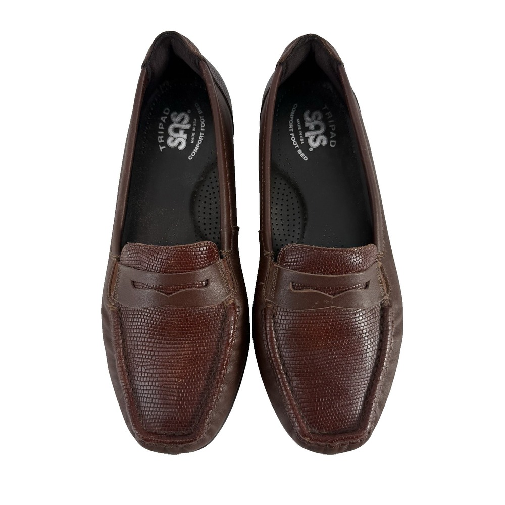 SAS Simplify Loafers Women 7W Brown Leather Croc Embossed Tripad Comfort USA